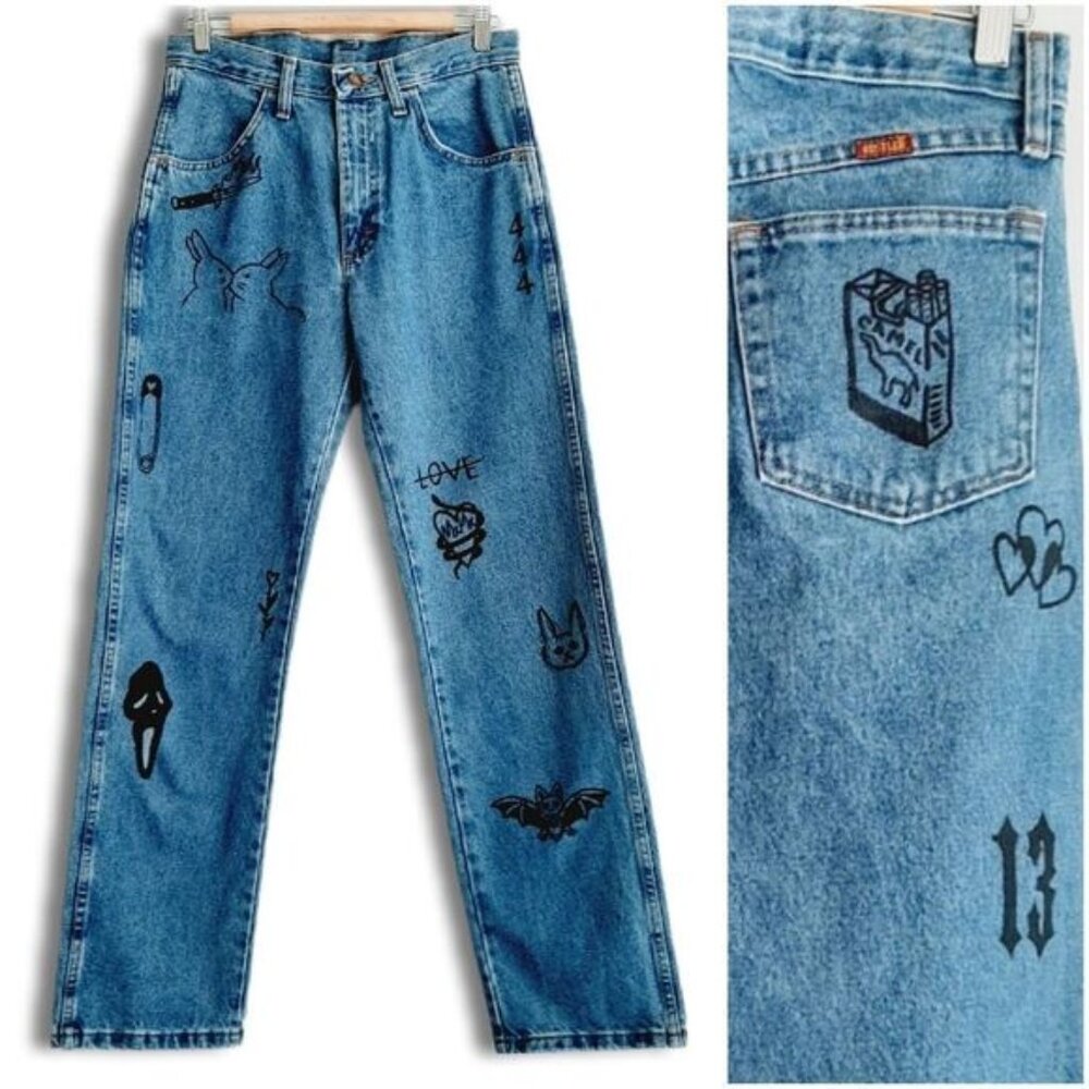 Rustler Blue High Rise Women Jeans with Black Graphics